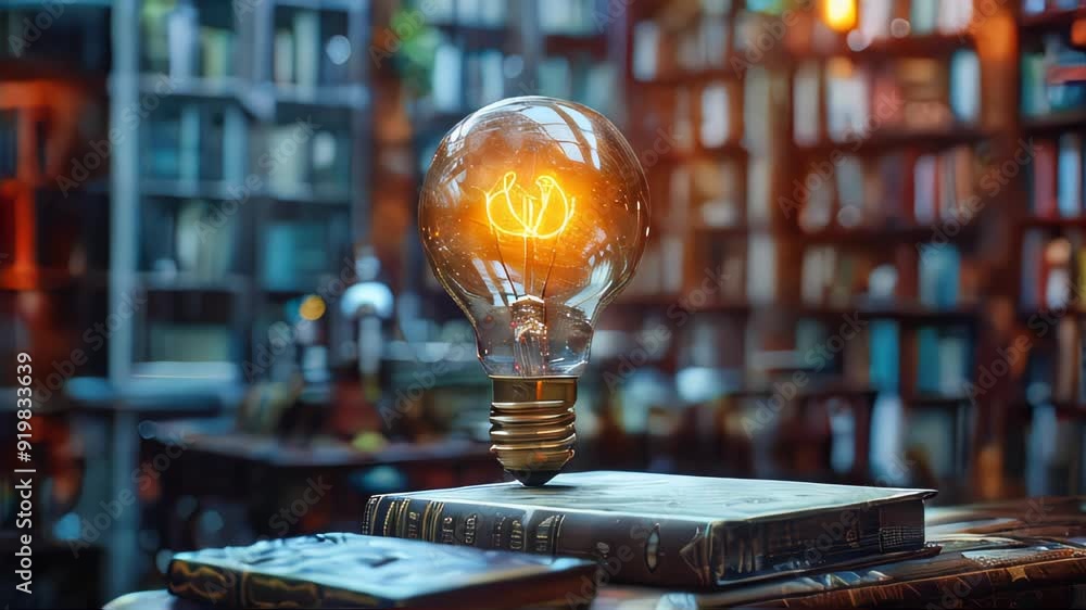 Poster conceptual image with lightbulb with moving gears as a symbol of an idea on dark background
