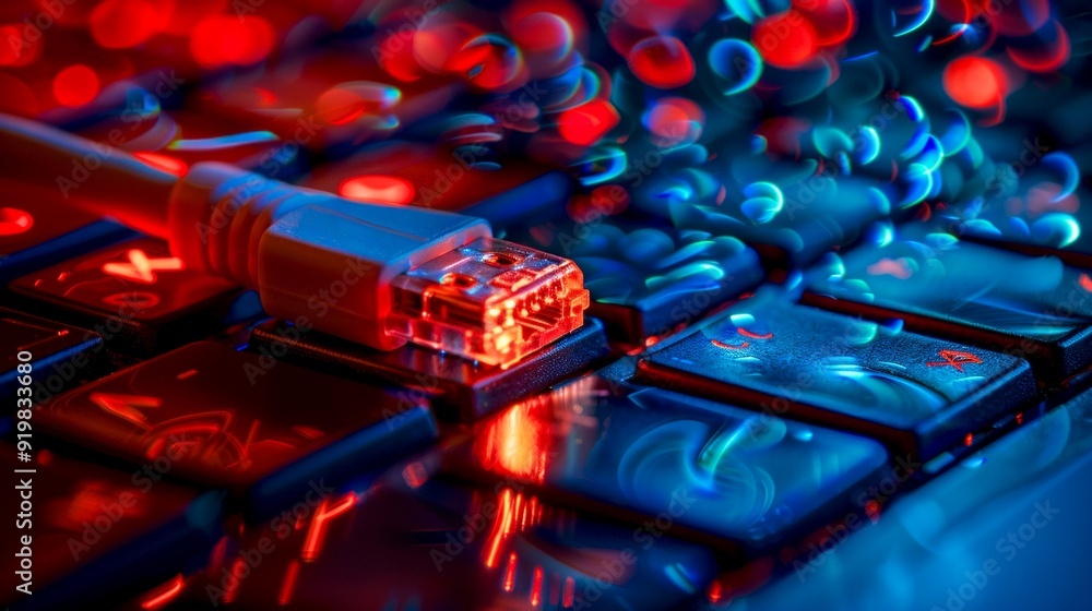 Poster close-up of ethernet cable with rj45 connector over laptop keyboard. vibrant red and blue lights, fu