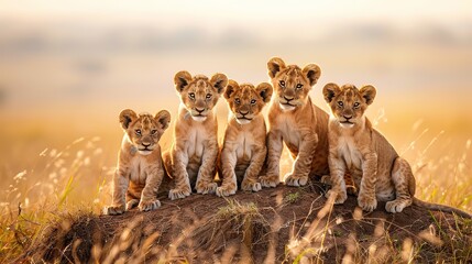 Close-up. Six cute lion cubs sitting on an anthill looking into the African bush