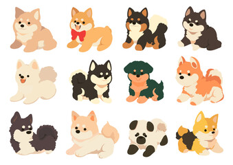 various dog breeds: shiba inu, terrier, cocker spaniel, poodle, and yorkshire terrier