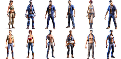 Full-body video game characters, apocalyptic survivors, avatars with transparent PNG alpha background