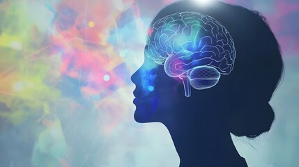 Silhouette of a woman with an illustrated brain highlighting mental health concepts.