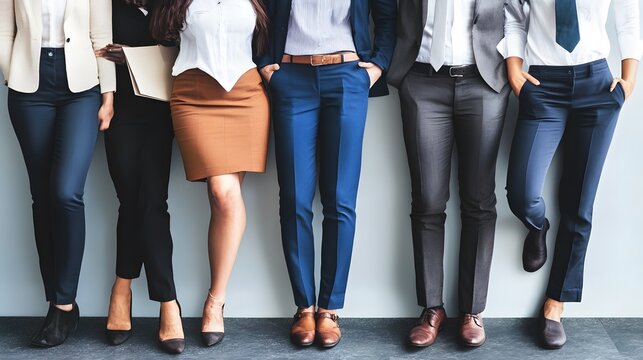 A diverse group of professionals standing in business attire, showcasing workplace inclusivity.