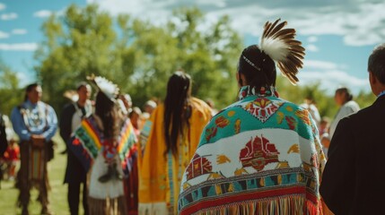 Obraz premium Participants in traditional attire gather for a cultural ceremony, surrounded by nature and vibrant colors, celebrating heritage under a bright blue sky.