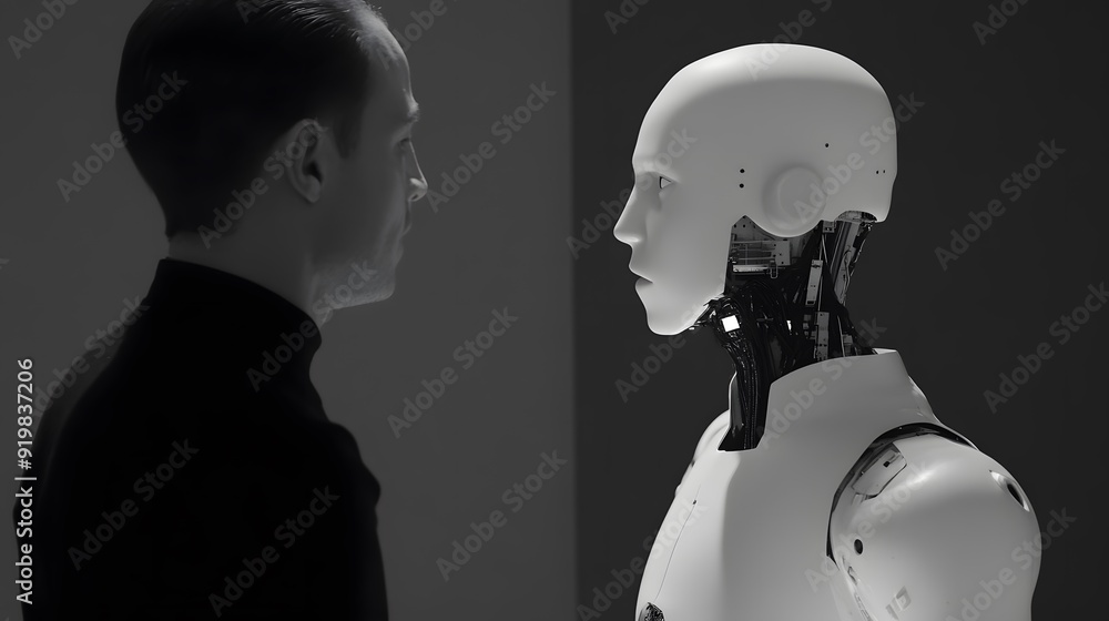 Poster a man interacts with a humanoid robot in a monochromatic setting, contrasting human and artificial i