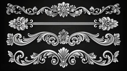 Intricate floral baroque-style bas-relief ornamentation on black background. Set of highly detailed, ornate bas-relief elements featuring floral and leaf motifs