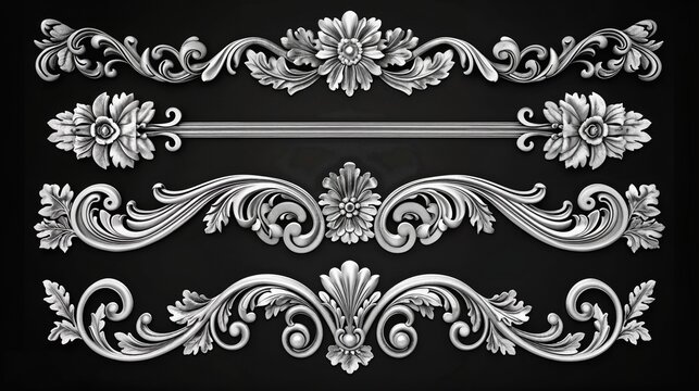 Intricate floral baroque-style bas-relief ornamentation on black background. Set of highly detailed, ornate bas-relief elements featuring floral and leaf motifs