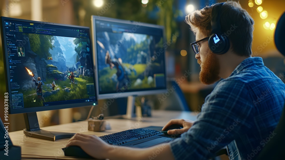 Aufkleber male game designer working intensely on a computer with dual monitors in a creative studio.
