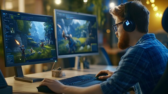 Male game designer working intensely on a computer with dual monitors in a creative studio.