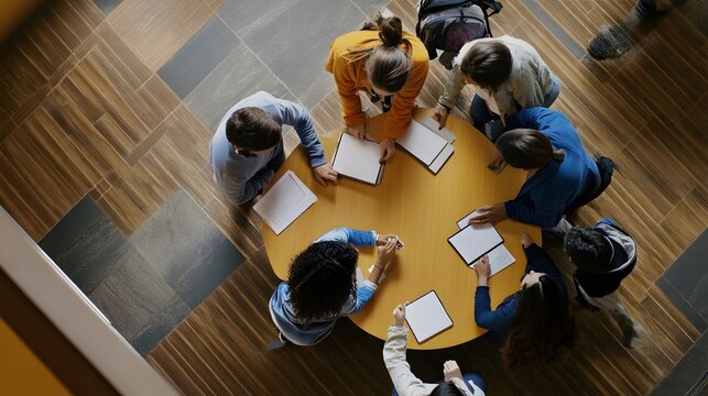 A group of diverse students collaborating around a table with notebooks and tablets.