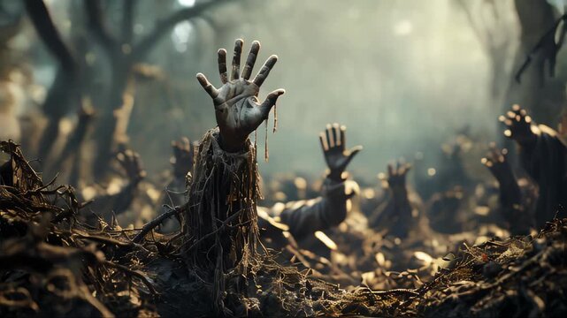 Zombies rise from the dead in a dark scary forest at night and pull their hands out of the ground for the Halloween holiday