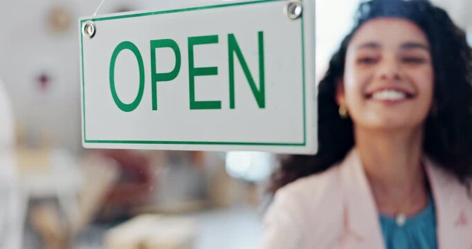 Open sign, business and woman manager by welcome poster on store window, happy entrepreneur and startup. Creative consultant, girl smile or advertising service on glass, customer and retail shopping