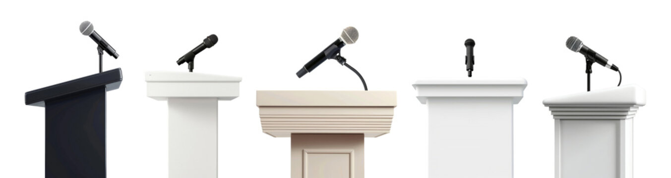 Close up of various blank podium or speech lectern stand with microphone isolated on background, empty wooden standing table.