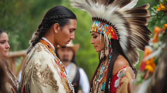 A Native American couple, adorned in traditional attire and headdresses, stands face to face, immersed in a ceremonial moment during an outdoor gathering surrounded by nature.