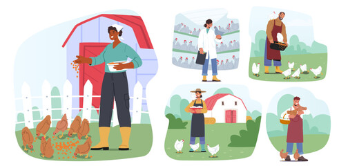 Set Of Farmers Engaged In Activities On Poultry Farm Include Feeding Chickens, Checking On Birds, And Collecting Eggs