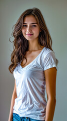 Fototapeta premium Beautiful young woman in white shirt posing for picture with her hair blowing in the wind.