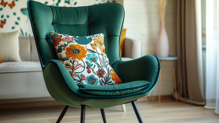 A green armchair with a floral cushion in a cozy living room.