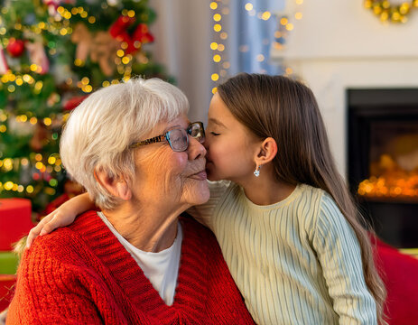 Fillette embrasse sa grand-m&egrave;re et fait un gros c&acirc;lin pour le cadeau de No&euml;l