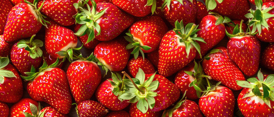Plump red strawberries with bright green stems and leaves