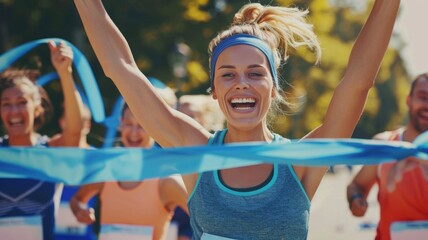 Smiling woman crosses the finish line in a marathon, celebrating a personal achievement