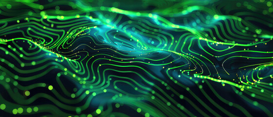 Glowing neon green lines form abstract wave patterns.