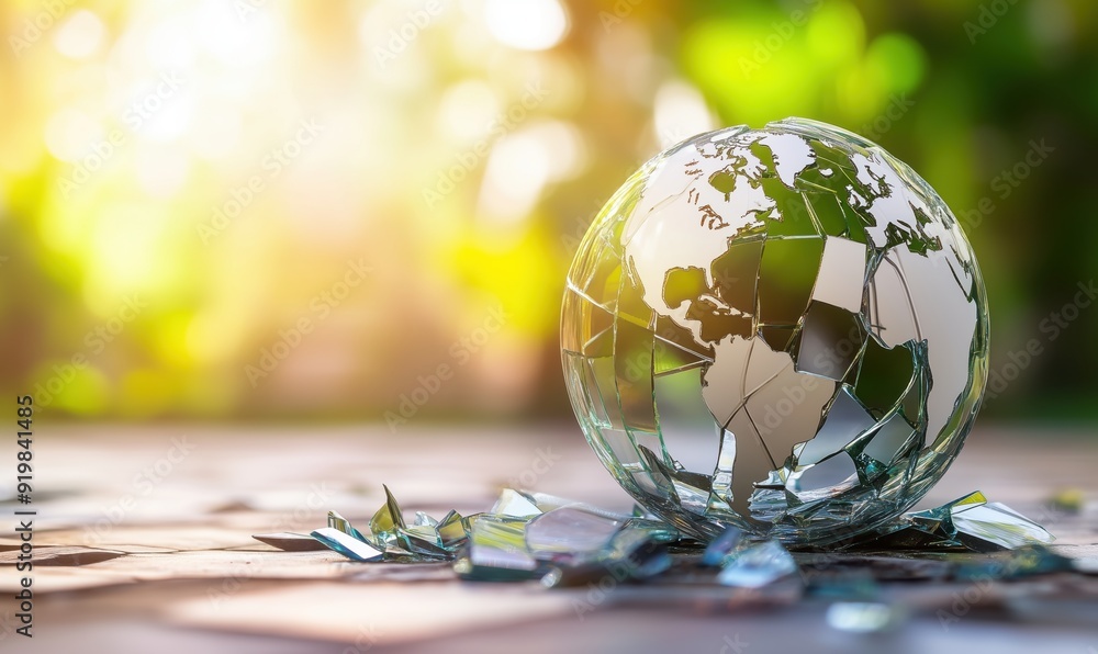 Poster a broken globe with a piece of it missing. the globe is surrounded by a green background