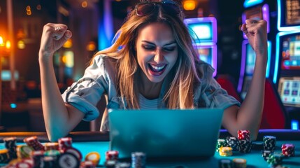 Excited woman winning at online poker game in colorful casino environment. Lively and vibrant moment of success at a virtual table. Depicting joy and thrill of internet gambling. AI