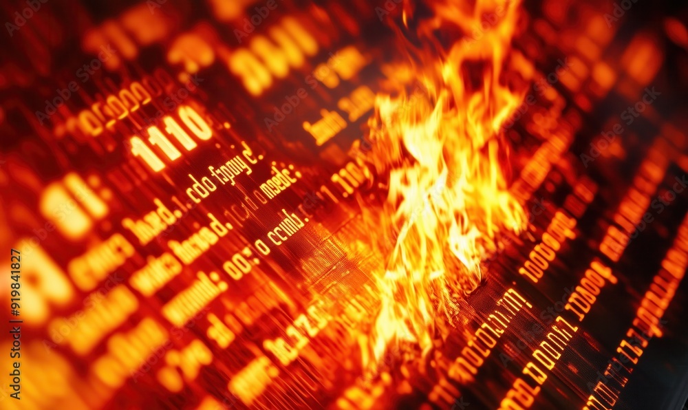 Poster a computer screen with a red background and a fire symbol in the middle. the fire symbol is surround