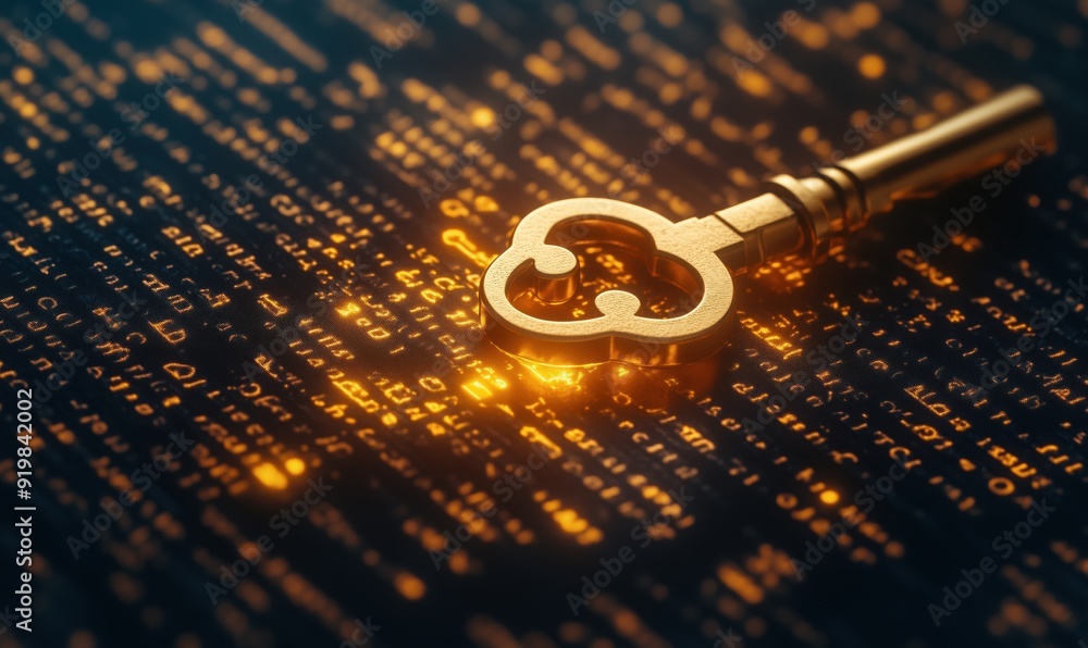 Poster a golden key is on top of a computer keyboard with a lot of numbers and letters. the key is surround