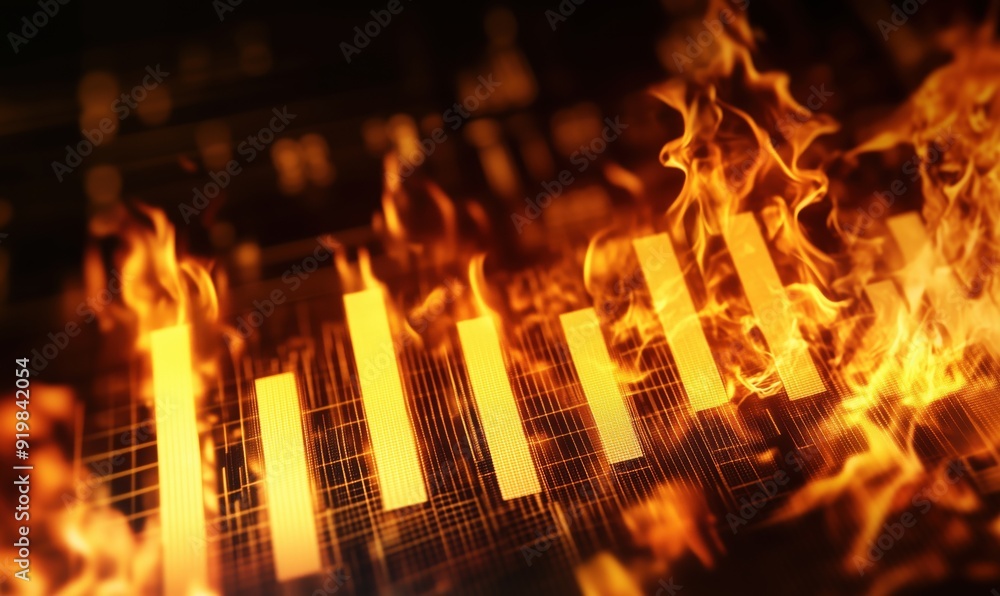 Poster a graph with yellow bars that are on fire. the flames are very close to the bars, and the entire gra