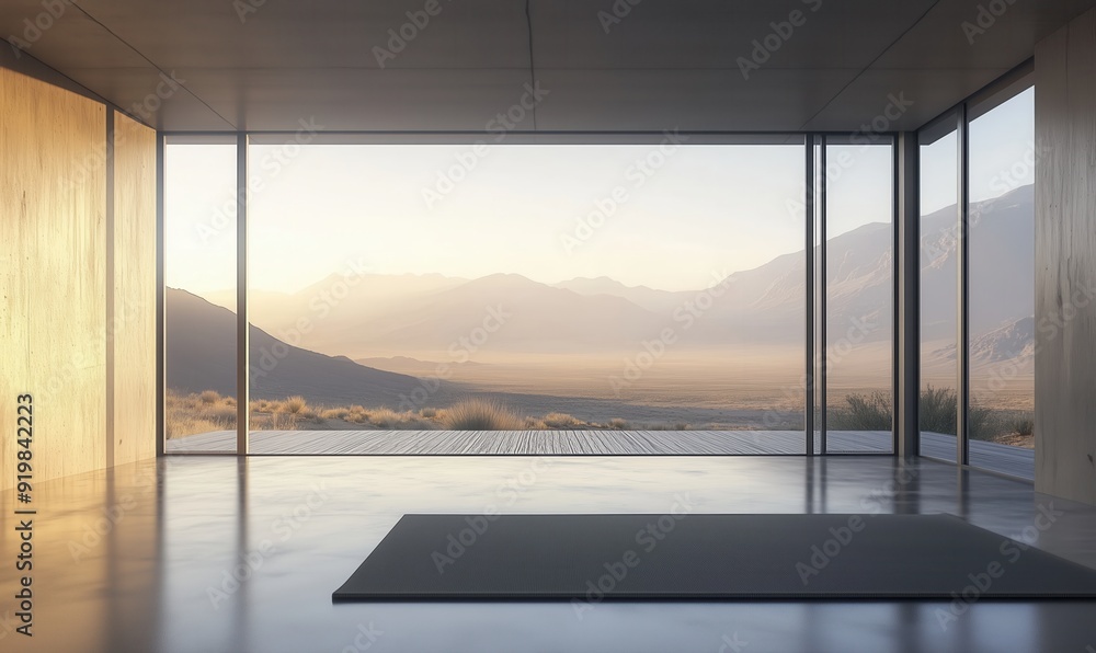 Poster a large open room with a view of mountains. the room is empty and has a minimalist design