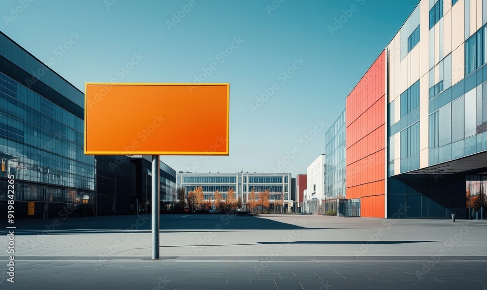 Poster a large orange billboard is standing in front of a building. the billboard is empty, but it is still