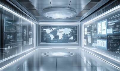 A large room with a large screen showing a map of the world