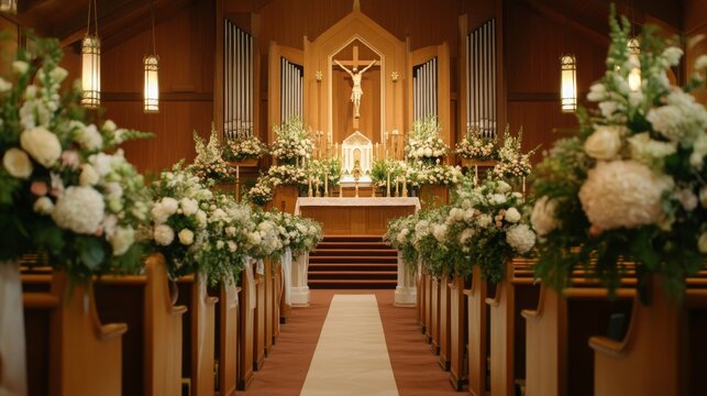 A beautiful church sanctuary adorned with lush floral arrangements, preparing for a wedding ceremony filled with light and joy.