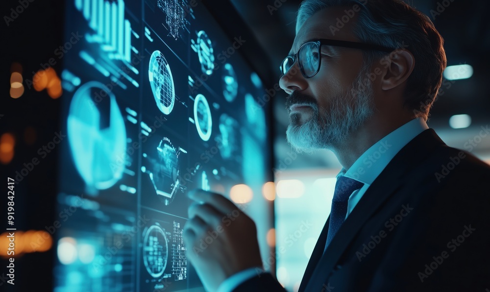 Poster a man in a suit is looking at a computer screen with a lot of graphs and numbers. he is pointing at 