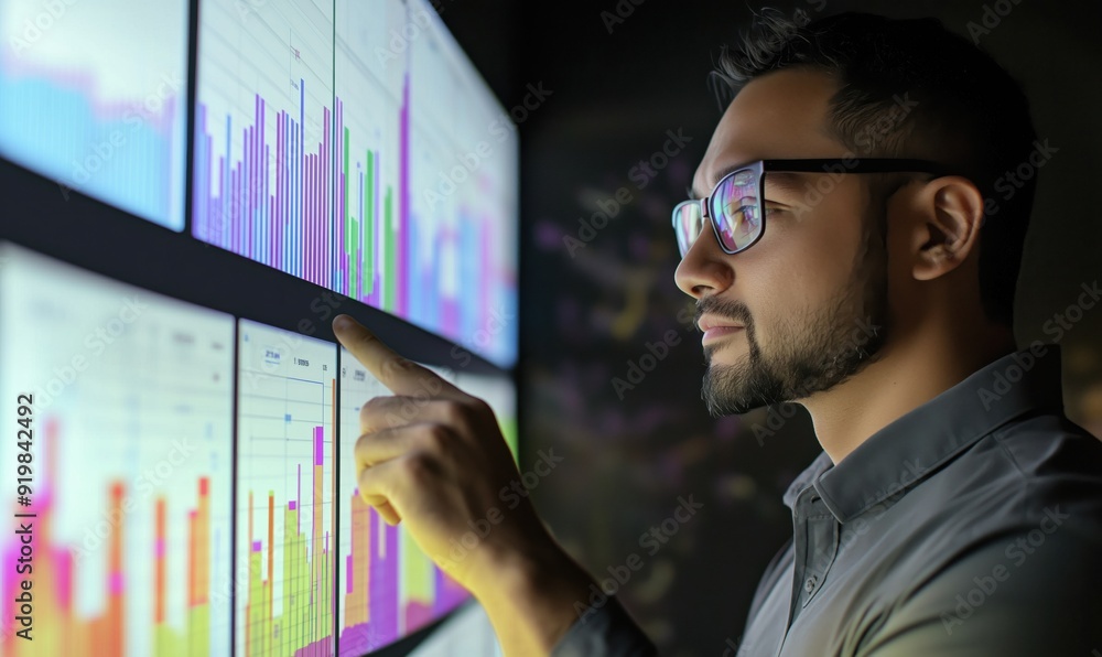 Aufkleber a man is pointing at a computer screen with multiple graphs. he is wearing glasses and he is focused