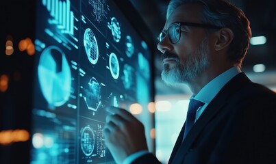 A man in a suit is looking at a computer screen with a lot of graphs and numbers. He is pointing at a specific graph and seems to be analyzing it