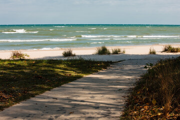 From the walkway at Harrington Beach State Park near Belgium, Wisconsin, looking out toward Lake Michigan in the afternoon in mid-September.