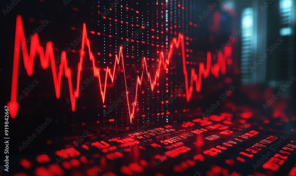Poster a red graph with a downward trend. the graph is on a computer screen. scene is negative and concerni