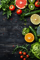 Fresh vegetables and fruits on a dark rustic table.