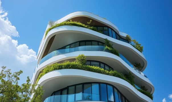 A tall building with a green roof and a blue sky in the background. The building has a modern design and he is a residential building