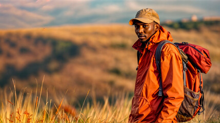 Man in orange jacket and hat standing in field with mountains in the background.
