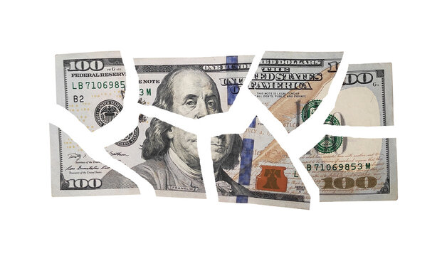 American One Hundred Dollar banknote torn into pieces on transparent or white background. Financial hardship, inflation or devaluation concept.