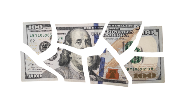 American One Hundred Dollar banknote torn into pieces on transparent or white background. Financial hardship, inflation or devaluation concept.