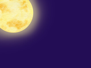 watercolor yellow textured moon on dark purple sky, hand drawn cartoon illustration of space object on blue background, full moon for books pictures, posters, Halloween decoration