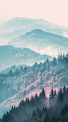 Rolling hills covered with a mix of trees and mist