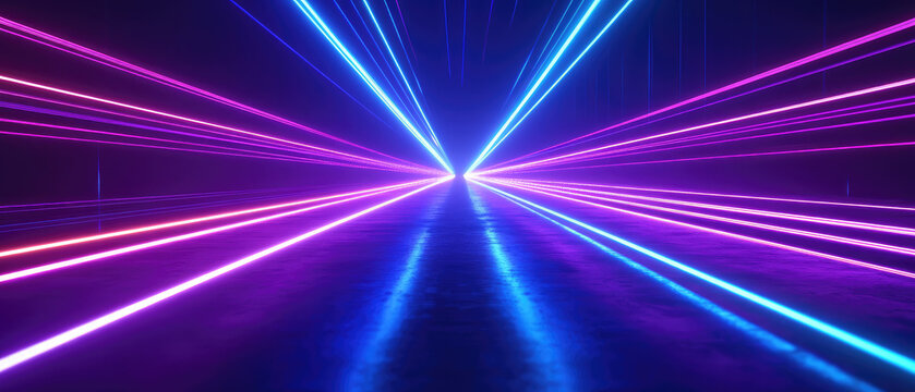 Neon laser lights converging in a futuristic corridor