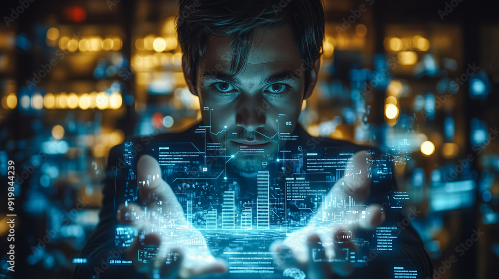 Poster technological insight: a man interacts with a complex digital interface, highlighting innovation and