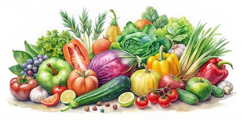 Watercolor of a variety of fresh fruit and vegetables on white background, watercolor,collection, fruit, vegetables, fresh