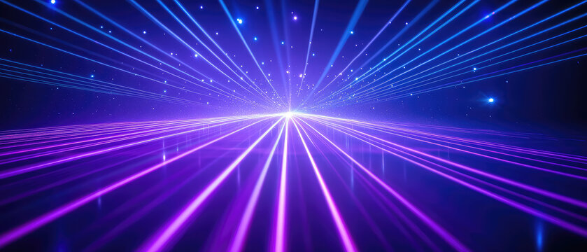 Purple and blue laser beams converging to a single point